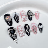 Taooba Christmas nail 10pc Stiletto Almond Press On Nails Dark Black Fake Nails With Butterfly Star Design Hot Girl Detachable Full Cover Nail Art Tip