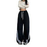 Taooba party outfit  Black Striped Sweatpants Women Preppy Style High Waist Loose Casual Trousers Korean Chic Gray Lace Up Streetwear Wide Leg Pants