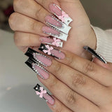 Taooba Christmas nail 24pcs Square Fake Nails Black Pink Edge French Press on False Nails with Bow Pearl Star Fake Nails Press Ons 3D Waves Nail Tips