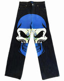 Taooba Gothic Retro Y2k Pants Skull Print Jeans Baggy Slouchy Black Denim Jeans Men Women Straight Wide Leg Trousers Hip Hop Streetwear