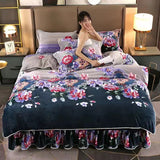 Taooba-4pcs Set Winter Warm Thicken Short Plush Bedding Set Printing Flannel Duvet Cover Flat Sheet Pillowcase King Queen Bedding Set