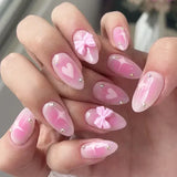 Taooba Christmas Nail  24pcs Sweet Pink False Nails Bow Heart Designs Cute Press on Nails Almond Detachable French Fake Nails Full Cover Nail Art Tips