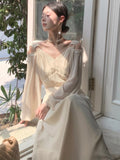 Taooba  party look inspos French Elegant Hollow Out Long Dresses Autumn Solid V Neck Birthday Party Vestidos Women Lantern Sleeve Robe Ladies Clothes New