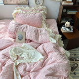 Taooba Christmas Gift Pink Korean Princess Style Lace Ruffles Bedding Set Skin-friendly Seersucker Duvet Cover Set Fitted Sheet/Bed Sheet Pillowcases