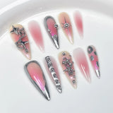 Taooba Christmas Nail  10pcs Aurora Gradient Pink Stiletto Almond Press On Nails Blue Long Fake Nails with 3D Heart Butterfly Sweet Cool Nail Tips Art