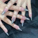 Taooba Christmas nail 24Pcs Short French False Nails with Silver Edge Simple Nails Press on Acrylic Almond Ballerina Fake Nails Full Over Nail Tips