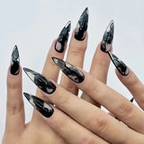 Taooba Christmas Nail  24Ps Black Y2k Fake Nails with Diamond Long Almond False Nail Butterfly Design Wearable Oval Stiletto Press on Nail Manicure Tip