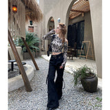 Taooba party outfit  Women's Black Gothic Cargo Flare Pants Baggy Vintage Harajuku Y2k 90s Retro Pants High Waist Wide Trouser Emo 2000s Clothes 2024