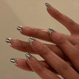 Taooba Christmas nail 24Pcs Short French False Nails with Silver Edge Simple Nails Press on Acrylic Almond Ballerina Fake Nails Full Over Nail Tips