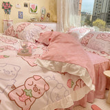 Taooba-Lovely Princess Flower Print Ruffles Bedding Set 100% Cotton Cute Girls Duvet Cover Set with Bed Sheet Kawaii Bedding Sets Soft