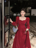 Taooba  party look inspos Red Vintage Velvet Long Sleeves Midi Dresses for Women Autumn New Fashion Slim Robe Elegant Evening Wedding Party Female Clothes