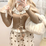 Taooba  party look inspos Sweet Lolita Style Short Cardigan Women Kawaii Lace Patchwork Ruffles Bow Knitted Coat Korean Fashion Chic Buttons Cute Crop Top