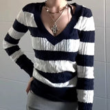 Taooba party outfit  High End Blue Whiter Constrast Color Striped V Neck Sweaters Office Lady Harajuku Lazy Base Streetwear Pullovers Women Clothes