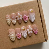 Taooba 10Pcs Manicure Handmade Art Acyrlic Press on Nails Medium Almond  Pattern ABS Nails Cute 3D Flower Style Design Nail with Set