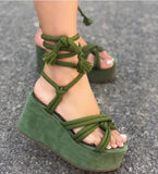 Taooba Christmas Gift outfit -20243 Summer New Platform Wedge Sandals for Women Fashion Round Toe Cross Tied Height Increase Open Toe Femme Sandal Plus