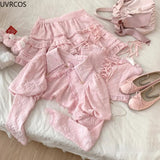 Taooba  party look inspos Autumn Kawaii Lolita Style Pink Skirt Sets Women Sweet Lace Bandage Tank Top Cute Mini Cake Skirt Chic Jacquard Relief Rose Suit