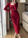 Taooba  party look inspos Autumn Fashion Vintage Women Red Dress Sexy Bodycon Slim Party Wedding Dresses Chic Elegant Female Clothes Robe Vestidos