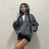 Taooba Christmas Gift outfit  Women Vintage Star Print Hoodies Fashion Casual Zip Up Long Sleeve Loose Jacket Coats Harajuku Hooded Sweatshirts Y2k Streetwear