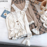 Taooba  party look inspos Sweet Lolita Style Short Cardigan Women Kawaii Lace Patchwork Ruffles Bow Knitted Coat Korean Fashion Chic Buttons Cute Crop Top