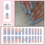 Taooba 24 coffin-shaped blue French butterfly small flower dots diamond glossy false nails suitable for daily use (1 jelly gel+1 rubbin