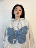 Taooba Christmas Gift outfit  Denim Butterfly Patchwork Oversized Hoodie Women Street Wear Hip Hop Casual Long Sleeve Pullover Harajuku Cotton Gray Tops