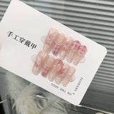 Taooba Christmas nail 10pcs Nude Cat Eye Handmade False Nails Short French Ballet Ribbon Pearl Design Fake Nail Full Cover Press On Acrylic Nail Tips