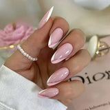 Taooba Christmas nail 24Pcs Pink Almond False Nails Shiny Golden Ripples Stiletto Fake Nails Detachable Oval Full Cover Press on Nails Tips Manicure