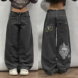 Taooba Y2k Gothic Heavy Industry Pocket Skull Embroidery Mid Rise Mens and Womens Harajuku Streetwear Punk Casual Wide Leg Washed Jeans