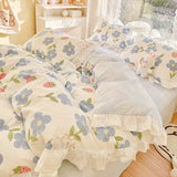 Taooba-Lovely Princess Flower Print Ruffles Bedding Set 100% Cotton Cute Girls Duvet Cover Set with Bed Sheet Kawaii Bedding Sets Soft