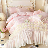 Taooba Christmas Gift 3Pcs Pink Skin-friendly Soft Three-dimensional Flowers Embroidery Lace Ruffles Princess Bedding Set Duvet Cover With Pillowcases