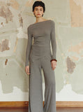 Taooba- One Shoulder Knitted Top Wide Leg Pants Two Piece Suit