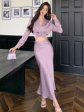 Taooba  party look inspos Autumn Korean Solid 2 Pieces Set Women Elegant V-Neck Long Sleeve Pleated Shirt Tops and High Waist A-Line Mermaid Skirt Suits