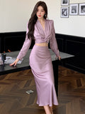 Taooba  party look inspos Autumn Korean Solid 2 Pieces Set Women Elegant V-Neck Long Sleeve Pleated Shirt Tops and High Waist A-Line Mermaid Skirt Suits