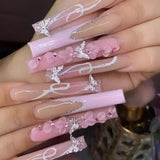 Taooba Christmas nail 24Pcs Full Cover False Nails with Glue Long Square Coffin Fake Nails French Detachable Ballet Love Pattern Design Press on Nails