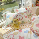 Taooba-Lovely Princess Flower Print Ruffles Bedding Set 100% Cotton Cute Girls Duvet Cover Set with Bed Sheet Kawaii Bedding Sets Soft