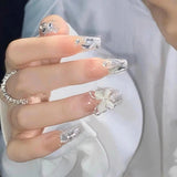 24pcs/bag Handmade Wearing Armor Fake Nails Press On Nail Tips Full Cover False Nails Oval Butterfly Glitter Nail Art Sculpted