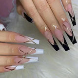 Taooba Christmas Nail  24Pcs 3D Long Ballet False Nails White Coffin Wave with French Design Wearable Fake Nails Gold Line Full Cover Press on Nails