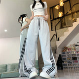 Taooba party outfit  Black Striped Sweatpants Women Preppy Style High Waist Loose Casual Trousers Korean Chic Gray Lace Up Streetwear Wide Leg Pants