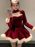 Taooba  party look inspos Vintage Christmas Sweet Velvet Princess Dresses for Women Autumn Elegant Lace Patchwork Birthday Party Vestidos Y2K Mini Dress