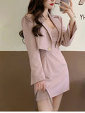 Taooba  party look inspos Autumn Pink New Two Piece Dress Set Women Blazer Coat+Strap Dress Set Female Casual Korean Fashion Slim Elegant Dress Suit 2024