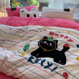 Taooba Christmas Gift Korean Style Bedding Set Green Strip Black Cat Embroidery Washed Cotton  Duvet Cover Cute Cardboard  Bed linen Comforter Sets