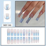 Taooba 24 Piece Long Coffin Blue French&flower Pattern Fake Nails ABS Full Cover Glossy Fake Nails Summer Collection