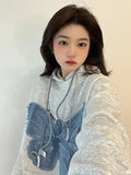 Taooba Christmas Gift outfit  Denim Butterfly Patchwork Oversized Hoodie Women Street Wear Hip Hop Casual Long Sleeve Pullover Harajuku Cotton Gray Tops