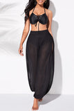 Taooba - Black Fashion Casual Solid See-through Slit Regular High Waist Trousers