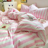 Taooba Christmas Gift Korean Bedding Set INS Girls Striped  Soft Washed Cotton Bed Sheet Set Queen King Size Comforter Set Pillowcase Bed Linens