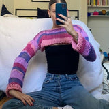 Taooba Christmas Gift outfit  Y2K Knitted Long Sleeve Pullovers Crop Tops Striped Crochet See Through Sweaters Harajuku Vintage Streetwear Jumpers