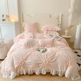 Taooba Chiffon Lace Princess Bedding Set Queen Size Pink Hand-made Pleat Pearl Ruffles Duvet Cover Bedclothes Sheet Pillowcases