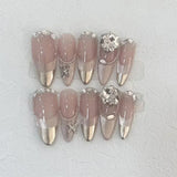 Taooba Christmas Nail  10Pcs French Handmade Almond Press On Nails Ballerina Simple with Rhinestones Wearable False Nails Decoration Fake Nail Tips Art