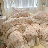 Taooba Christmas Gift Bedding Set Korean Style 2024 New  Small Floral Water Washed Cotton Lace Duvet Cover Set Queen Size