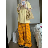 Taooba party outfit  Harajuku Loose Pants Streetwear Clothes Wide Leg Pants Korean Trousers Plaid Baggy Ladies Pants Yellow Jogger Trouser Hip Hop